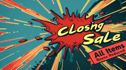A striking red comic blast graphic for a closing sale announcement, with a clear 'All Items Reduced' call-out.