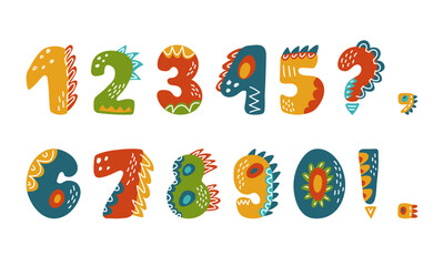 Numbers and punctuation marks. Kids Dino alphabet hand drawn