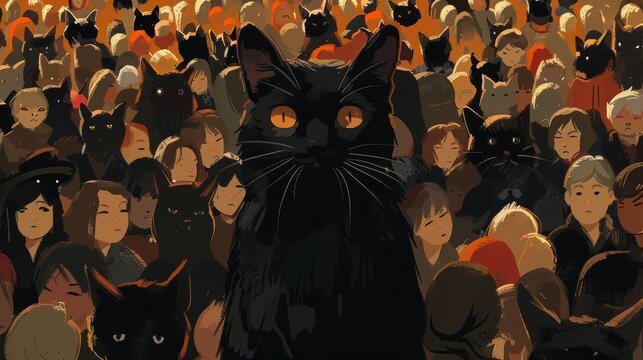 Striking portrait of a lone black cat standing proud in a crowded scene, embodying the power of uniqueness and the audacity to lead