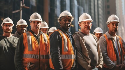 A diverse group of construction workers in hard hats and vests, - Powered by Adobe