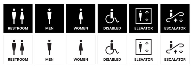 Male and Female toilet symbols. disabled icon. gender icon. restroom pictogram. Elevator and Escalator public signage. WC signage on black and white SVG vector. 