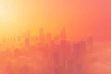 A city skyline is shown in a hazy orange sky