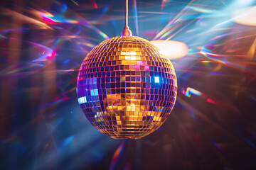 A disco ball is suspended from the ceiling at party, reflecting the lights