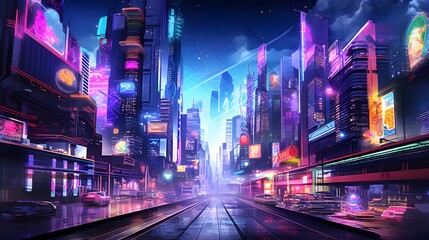 Night city panorama with tram tracks, skyscrapers and neon lights