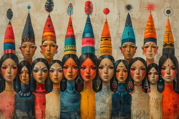 A collective representation of human heads in vintage art style, blending elements of traditional Asian Chinese and Indian Dang aesthetics.