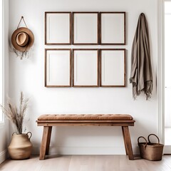  Wooden rustic bench near white wall with frames. Farmhouse, country, boho interior design of modern home entryway, hall. 