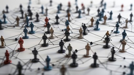 A group of people are connected by a network of pins
