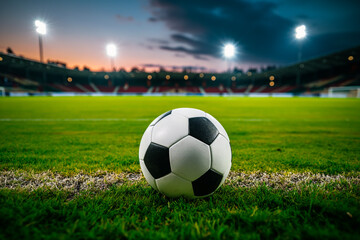 Fototapeta premium A soccer ball on a green field in soccer football stadium