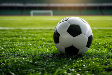 Fototapeta premium A soccer ball on a green field in soccer football stadium during game