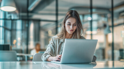 A young woman works on a laptop while sitting at a table in a modern bright office