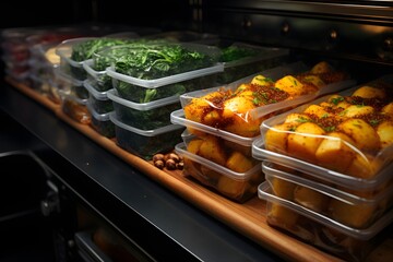 Frozen vegetables in plastic containers in the freezer of the refrigerator.