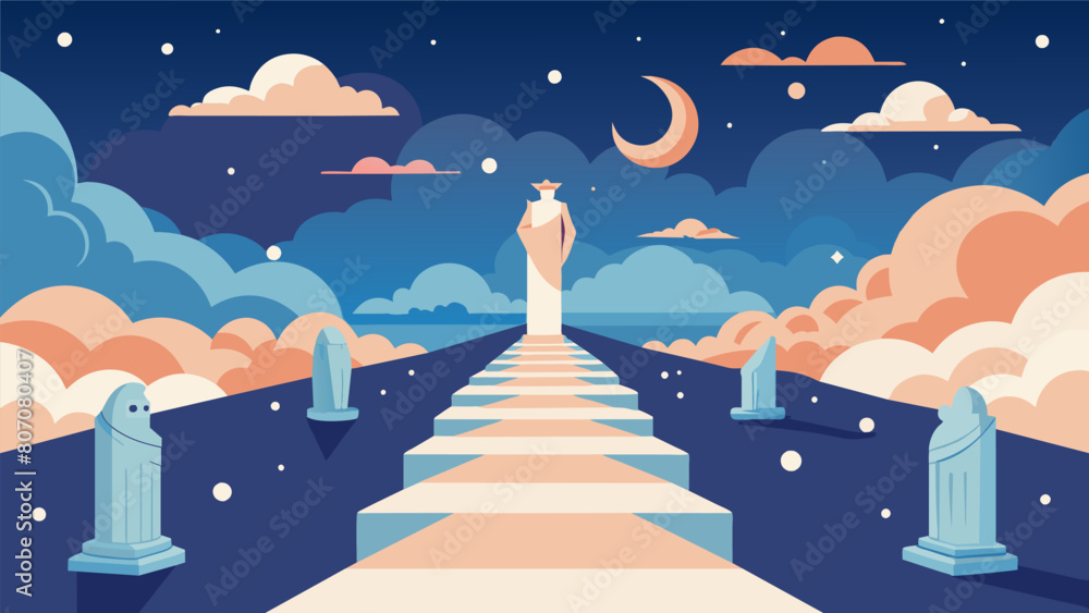 Poster a path through the clouds with stoic teachings written in the sky and floating sculptures representi