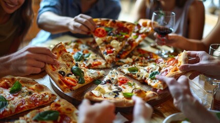 A group of friends sharing laughter and conversation over slices of gourmet pizza at a cozy pizzeria, enjoying a fun and tasty meal together.