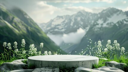 Marble Podium with a view of the mountains with trees. The front showcase with a stage for products. A pedestal for the presentation of goods, generative ai