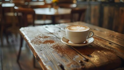Closeup of a vintage cappuccino on a wooden table in a cafe. Concept Food Photography, Vintage Style, Cafe Vibes, Wooden Table, Closeup Shot