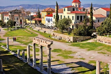 View of the archaeological site of Roman Agora in Plaka district, Athens, Greece.