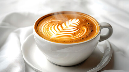 close - up of steaming cup of coffee with latte art on a white plate, placed on a transparent background with a white handle visible in the background