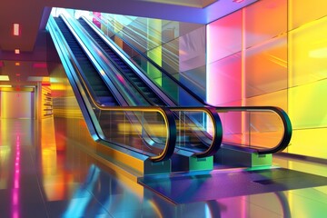 A colorful escalator in a colorful room