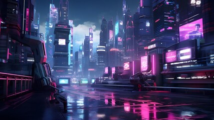 3D rendering of a futuristic city at night with neon lights.