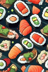 seamless pattern with assortment of sushi