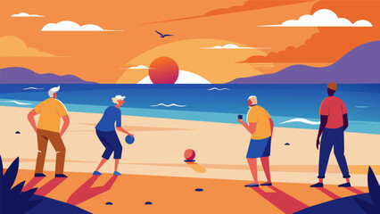 As the sun sets over the horizon a group of retirees continue their daily tradition of playing bocce on the peaceful beach.. Vector illustration