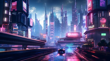 Futuristic city panorama with neon lights and high-rise buildings
