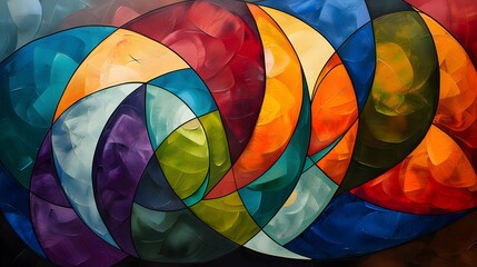 An abstract painting of swirling colors and geometric shapes