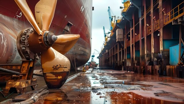 Propeller of cargo ship in dry dock undergoing maintenance: Close-up view. Concept Ship Maintenance, Propeller Inspection, Dry Dock, Close-up View