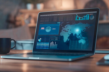 modern workspace featuring open laptop on wooden desk, presenting vivid graphics and in-depth analytics data,concept of business news,commercial presentations,analytical articles, marketing materials