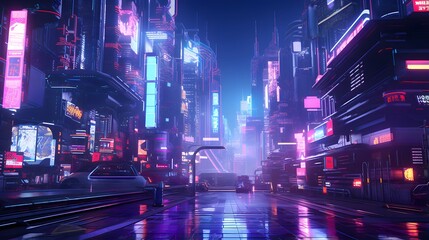 Night city panorama with neon lights and traffic. 3d rendering