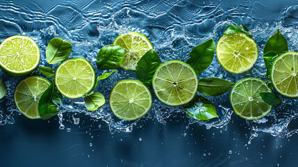 Wide panoramic fruit juice cafe background photo with real set of lime pieces exploding with water splash and floating on water, flowing with clear water splash in blue background