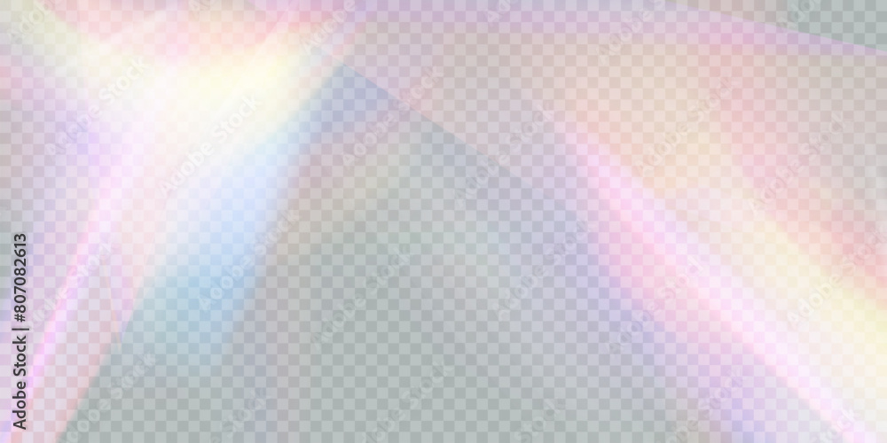 Leinwandbilder Blurred rainbow refraction light effect overlay effect. Light lens prism effect on a transparent background. Vector abstract illustration.	
