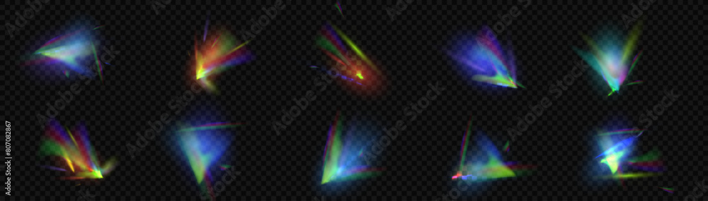 Poster rainbow light rays, lens flare, reflection effect from crystal, glass or gem. vector realistic illus