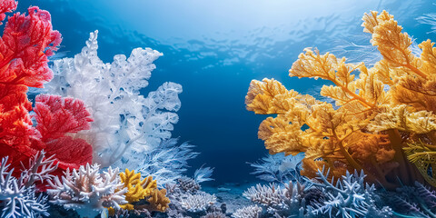 Beautiful colorful coral reef in tropical sea.nature environmental background.Coral bleaching with climate change concepts.summer and travel activity - obrazy, fototapety, plakaty