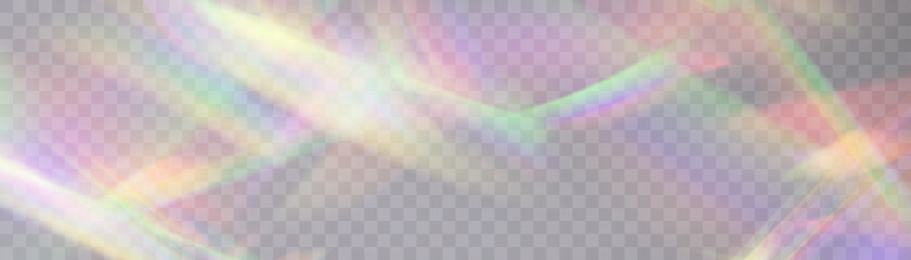 Blurred rainbow refraction light effect overlay effect. Light lens prism effect on a transparent background. Vector abstract illustration.