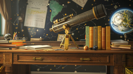 Fototapeta premium Desk with Telescope and Star Charts Symbolizing Astronomy and Exploration