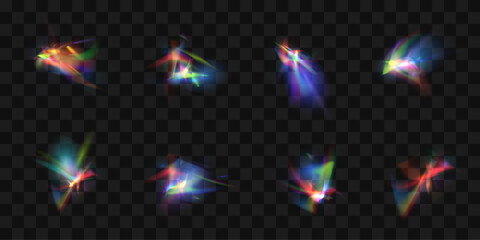 Blurred rainbow refraction light effect overlay effect. Light lens prism effect on a transparent background. Vector abstract illustration.