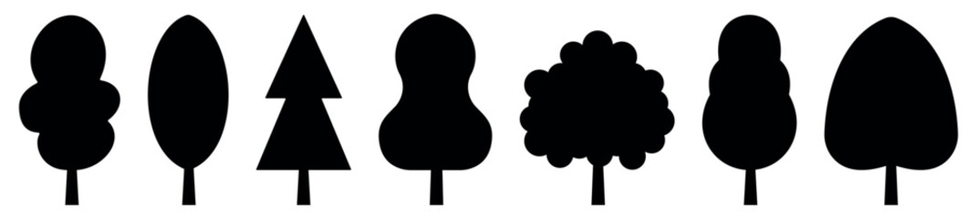 Black tree vector icon set. Flat trees set, pines, spruces, conifers. Tree simple different logo design elements. Vector illustration
