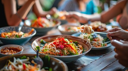 Obraz premium A group of tourists enjoying som tam salad at a Thai restaurant, experiencing the bold and exotic flavors of authentic Thai cuisine.