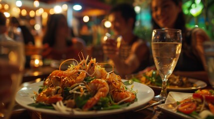 Fototapeta premium A group of tourists enjoying som tam salad at a Thai restaurant, experiencing the bold and exotic flavors of authentic Thai cuisine.