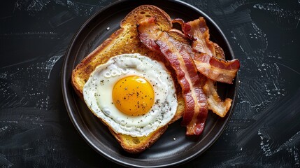 A delicious classic breakfast featuring a sunny side up egg on crispy toasted bread, accompanied by strips of bacon, presented on a dark plate with a sprinkle of seasoning.