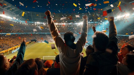 Fans celebrating the success of their favorite sports team on the stands of the professional stadium