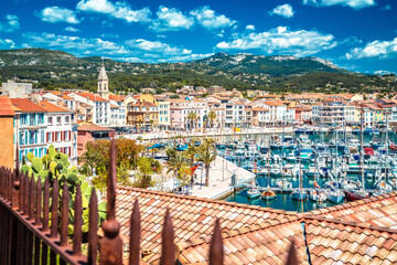 Town of Sanary sur Mer colorful waterfront view from the hill