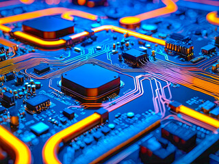 Advanced Technology Concept Visualization. Macro Shot of a Central Processing Unit on a Motherboard Illuminated. Technological background