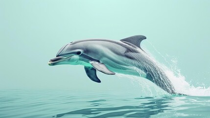 A dolphin emerging from underwater, water cascading off its body, set against a serene pastel aqua background