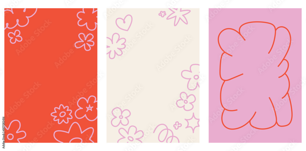 Poster Vector set of stickers, scribbles and doodles in simple linear hand drawn style with copy space, minimal monoline design elements for posters, social media, print, banners..
