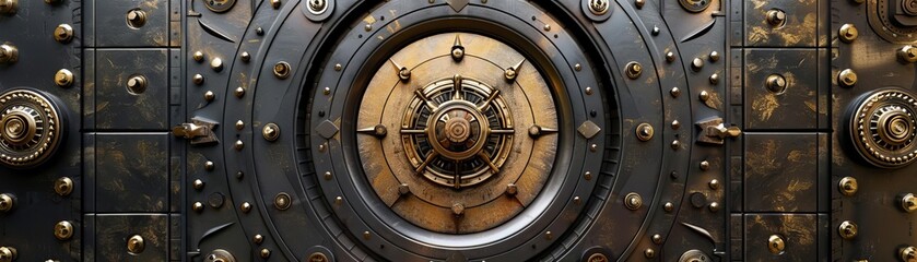 An intricately designed steampunk metal door with a large central gear and rivets.