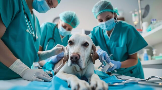A group of veterinarians performing surgery on a dog, working together with precision and care to ensure a successful outcome.