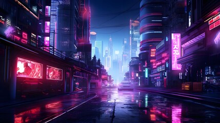 Night scene of a city street with neon lights. 3d rendering
