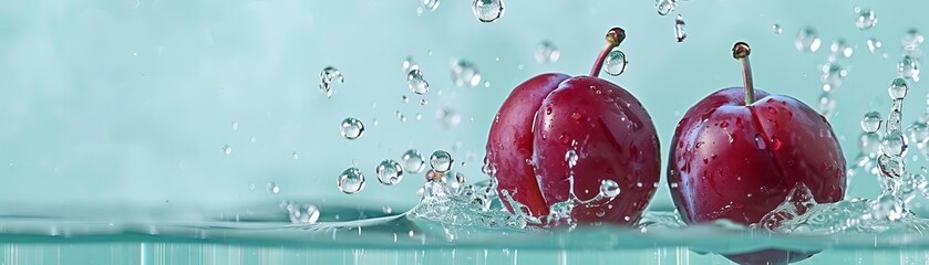 A pair of plums dropping into a clear pool, their impact sending water droplets flying, against a...